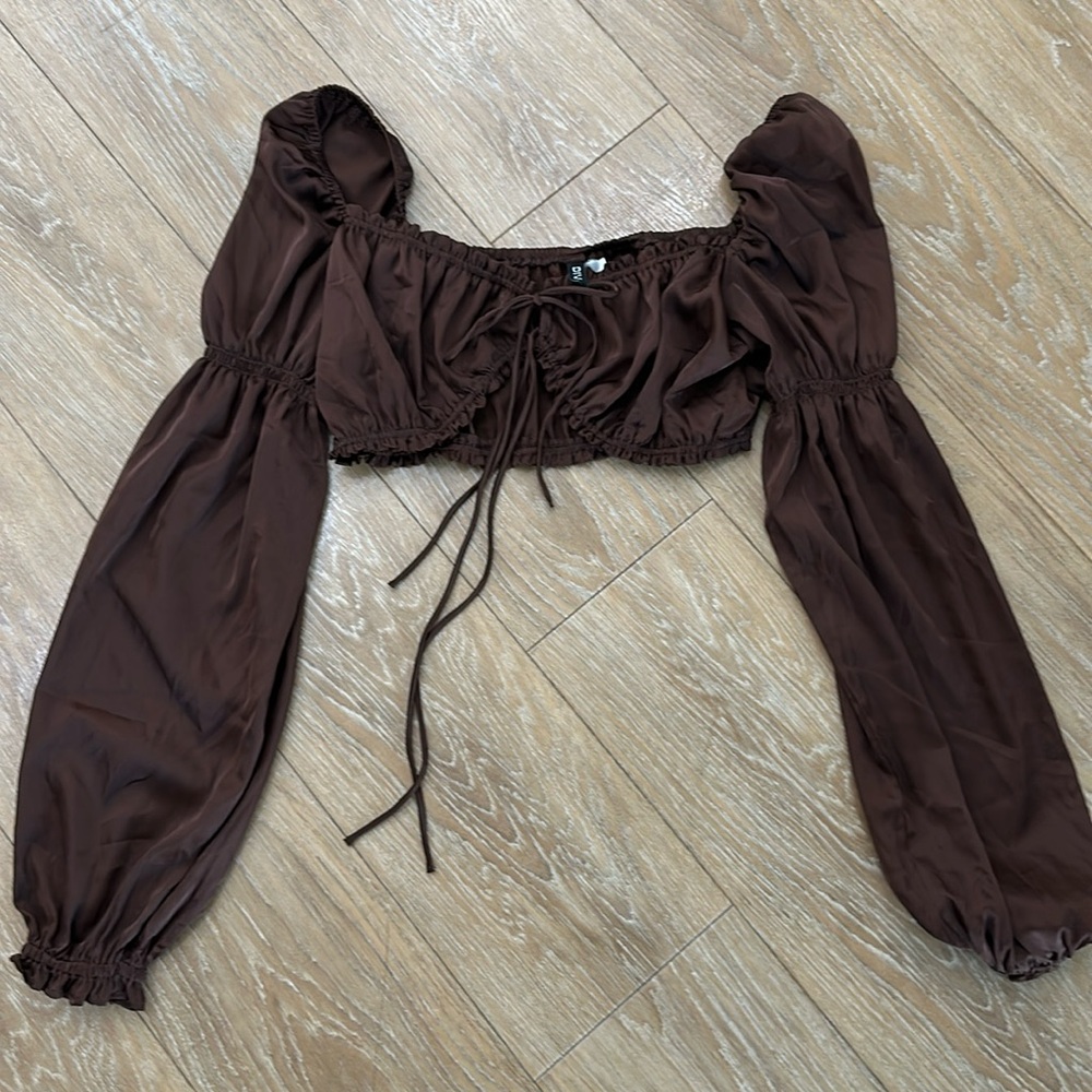 Brown, satin, long sleeve, crop top. H&M size medium.